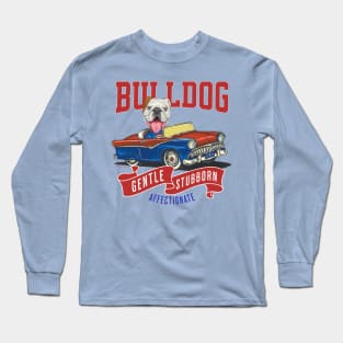 Cute and funny bulldog in a retro vintage car using red white and blue flags Long Sleeve T-Shirt